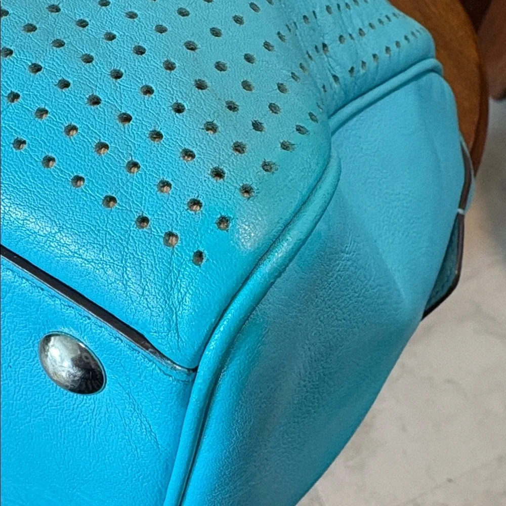 Coach  perforated leather Haley Satchel  turquoise/white tassels & hangtag Exce